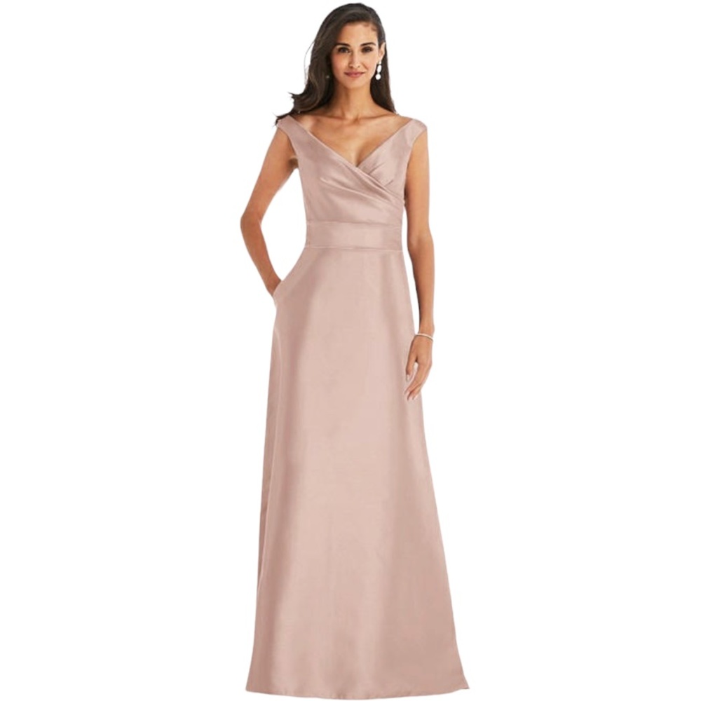 Alfred Sung Off-the-Shoulder Draped Wrap Satin Maxi Dress Sz 10